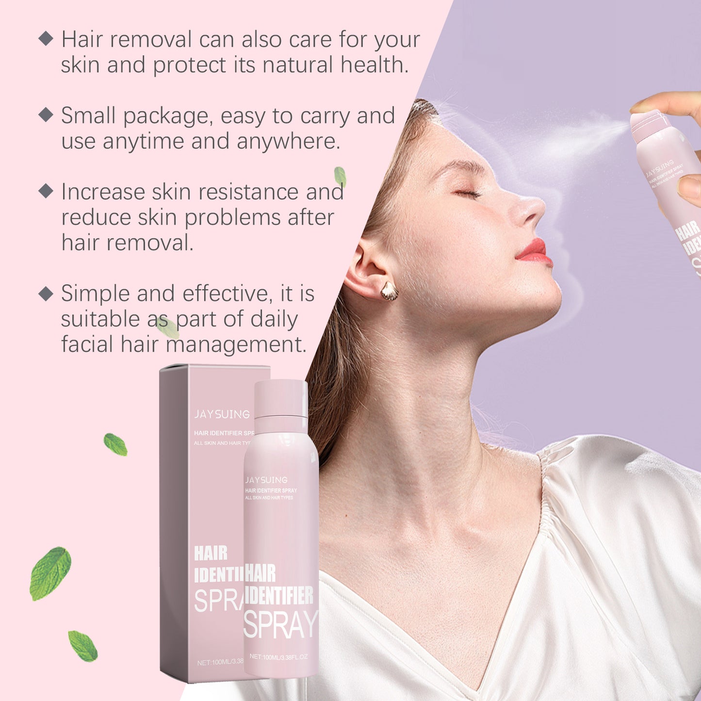 Facial hair removal spray, easily softens facial hair, gentle skin cleansing and hair removal spray