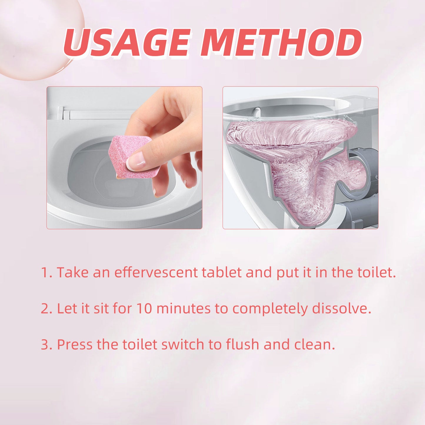 Toilet cleaner tablets for removing odors, stains, and dirt from toilets, including urine stains. These are designed for cleaning toilet bowls.