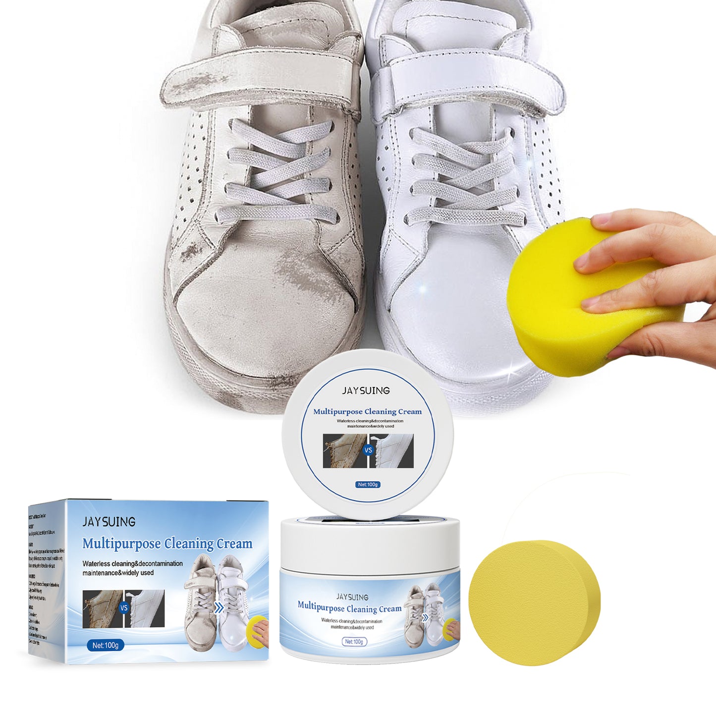 Use more stain remover for white sneakers and sofa leather. This multi-functional cleaner removes stains and yellow edges.