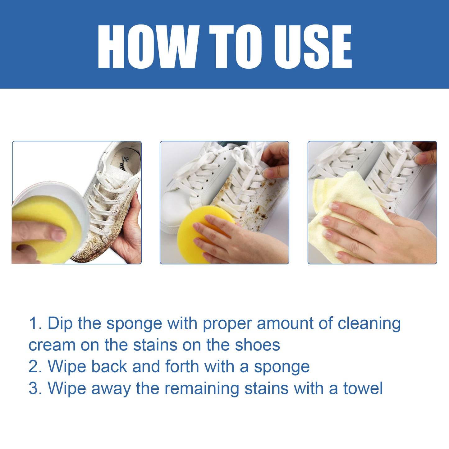 Use more stain remover for white sneakers and sofa leather. This multi-functional cleaner removes stains and yellow edges.