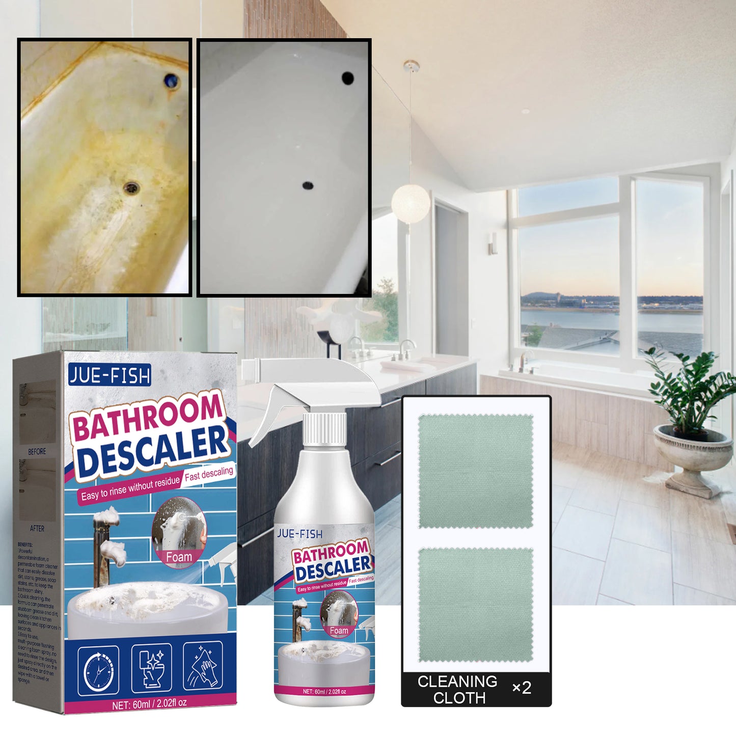 Bathroom cleaner, shower glass limescale remover, stainless steel sink and bathtub stain remover