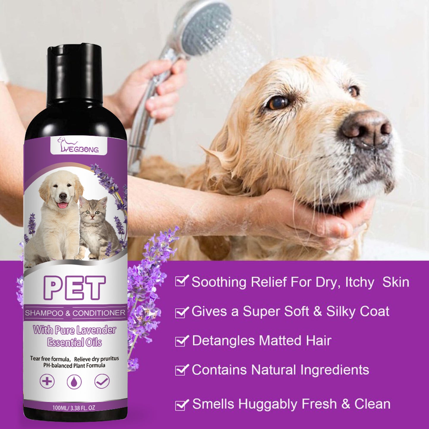 Pet shampoo that soothes skin itching, leaves fur soft and tangle-free