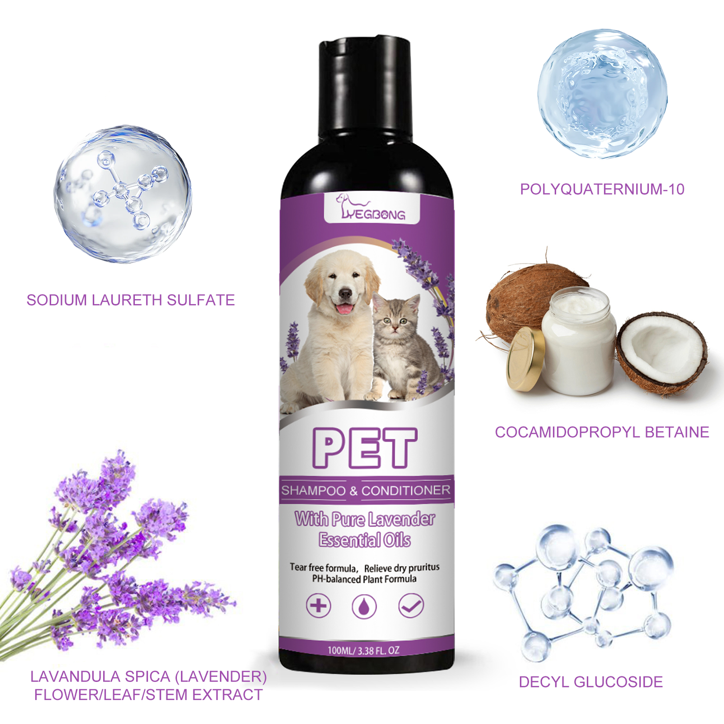 Pet shampoo that soothes skin itching, leaves fur soft and tangle-free