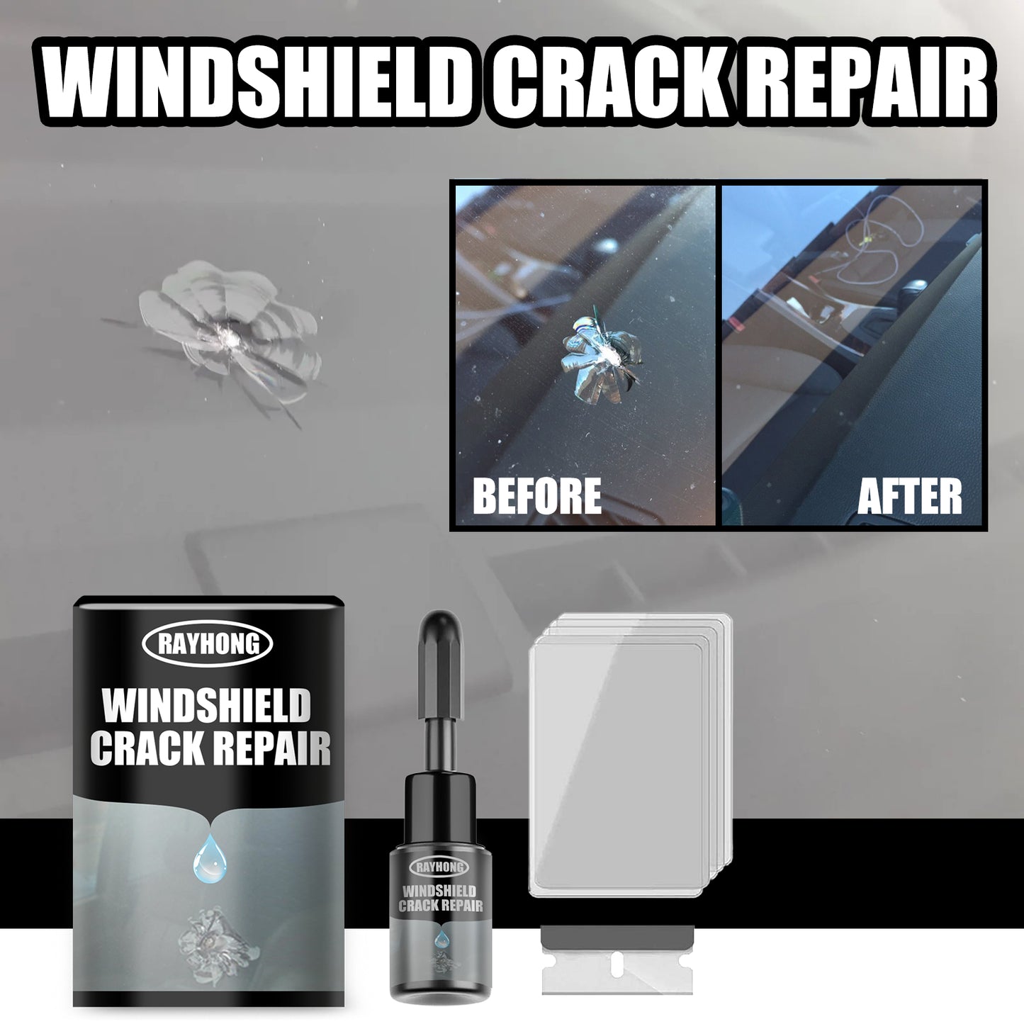 Automobile windshield crack repair liquid, windshield adhesive for crack repair