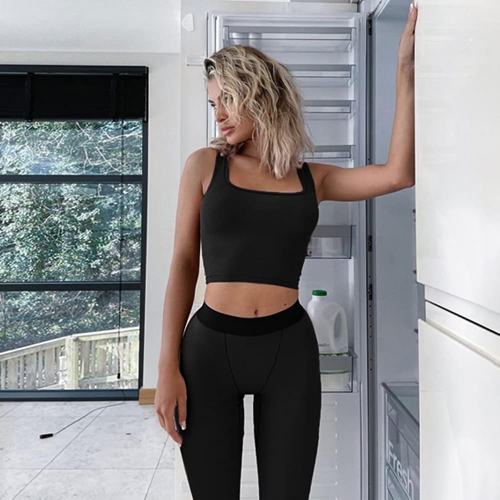 Casual Workout Sets Two Piece Outfits for Women Ribbed Crop Tank Top High Waist Yoga Leggings Active Wear