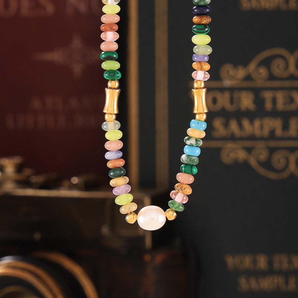 Bohemian Style Dopamine Freshwater Pearl & Natural Stone Beaded Necklace Summer Jewelry for Women,