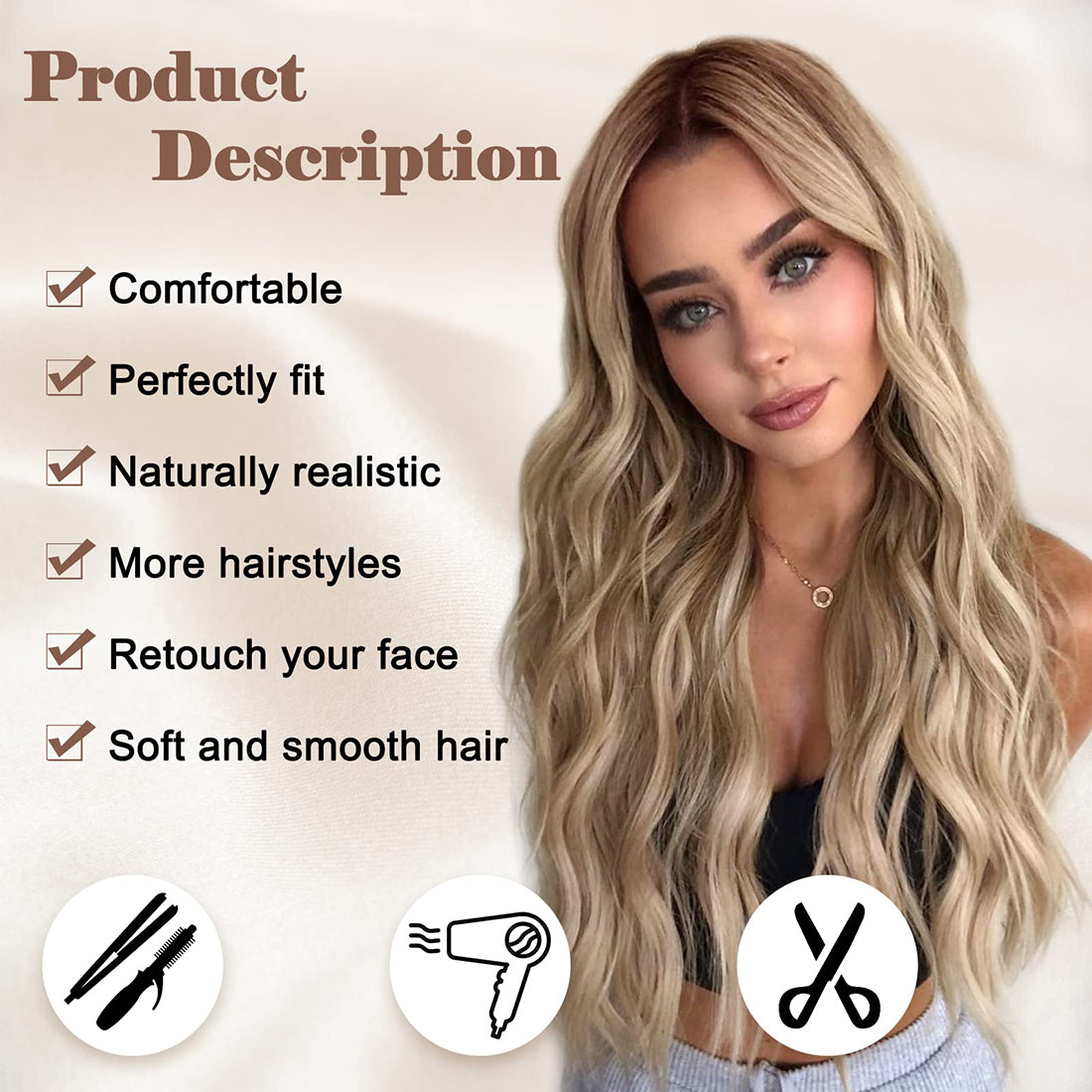 Long Ombre Blonde Wavy Wig for Women 26 Inch Middle Part Curly Wavy Wig Natural Looking Synthetic Heat Resistant Fiber Wig for Daily Party Use