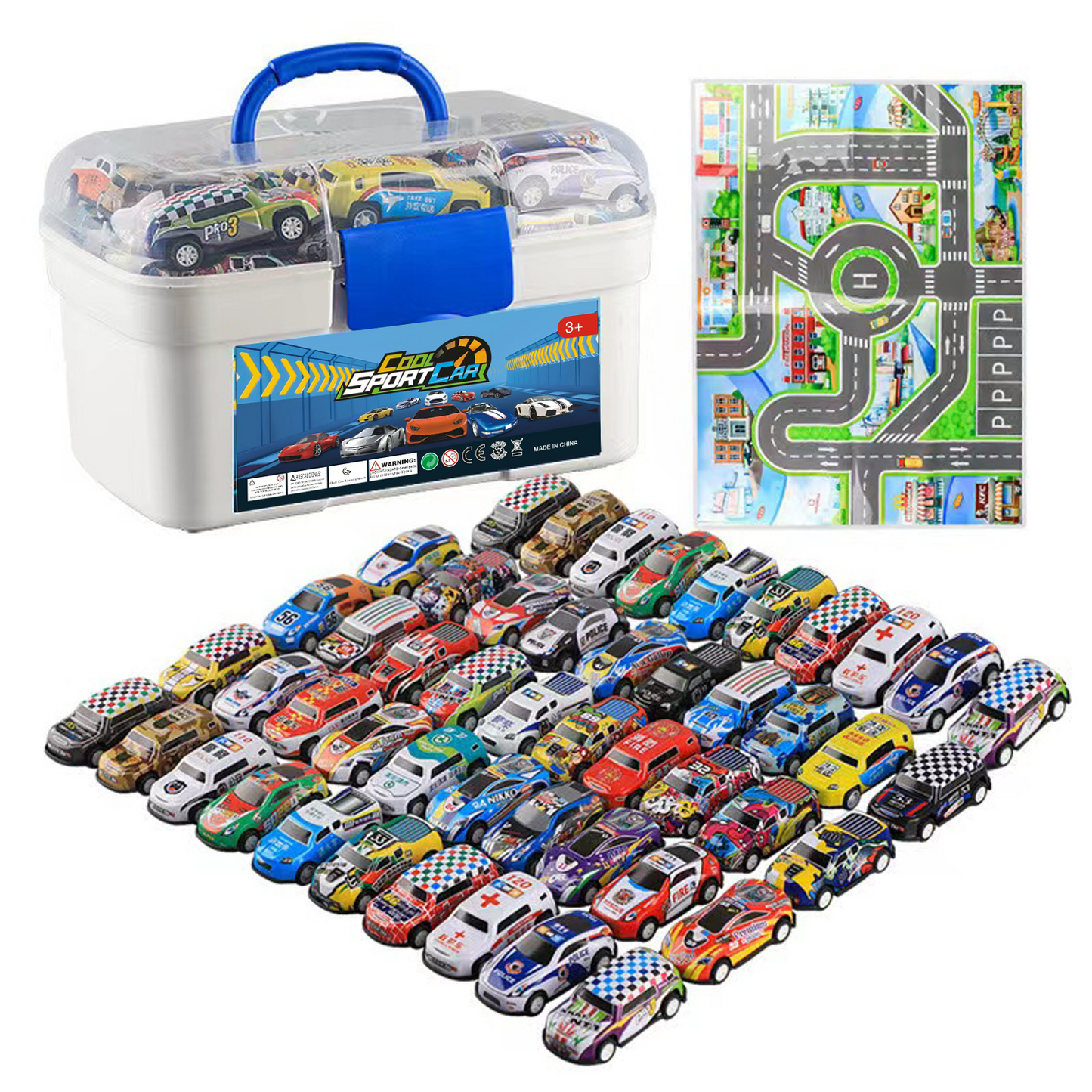 50 p cs Rebound Function Toy Car Set with Storage Box And Fold Able Map -Suitable for Children Aged 3-6 Years Old