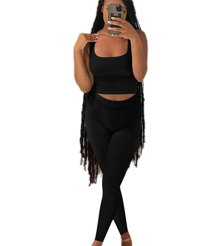 Casual Workout Sets Two Piece Outfits for Women Ribbed Crop Tank Top High Waist Yoga Leggings Active Wear