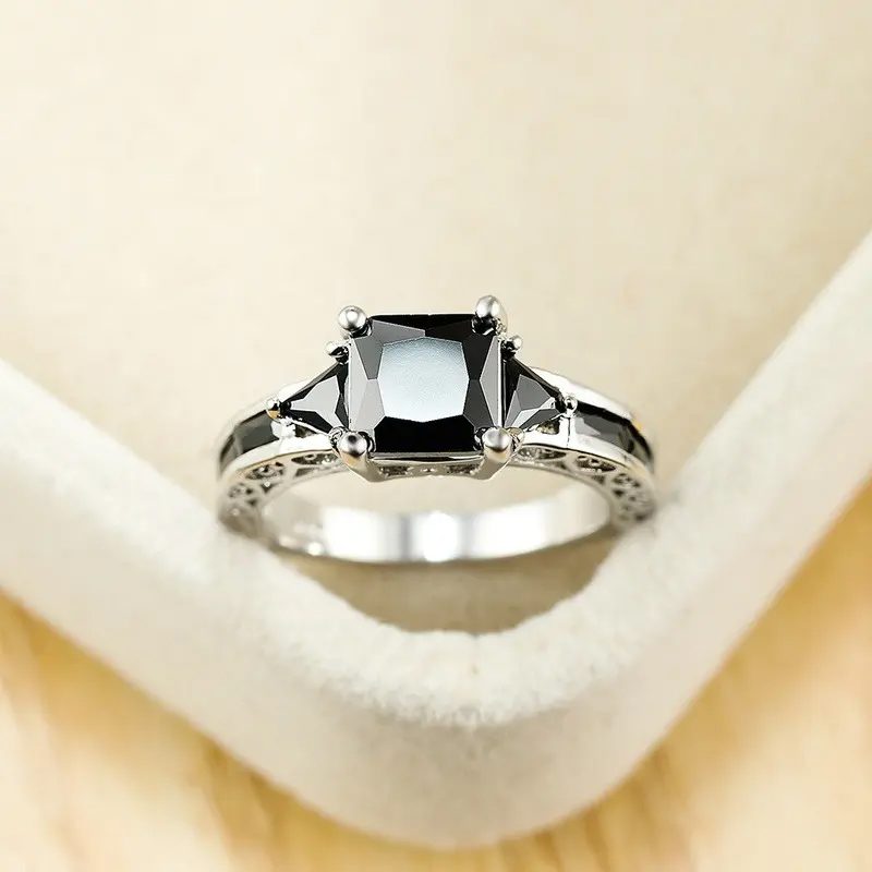 Sophisticated Eternity Ring with Black Zirconia Stones -Statement Jewelry for Women - Silver Plated, Elegant, Durable,Perfect for Weddings, Engagements, Parties, and Everyday Wear