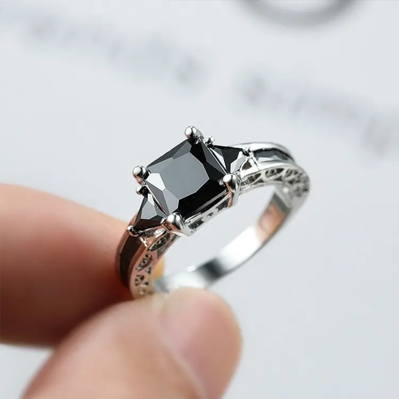 Sophisticated Eternity Ring with Black Zirconia Stones -Statement Jewelry for Women - Silver Plated, Elegant, Durable,Perfect for Weddings, Engagements, Parties, and Everyday Wear