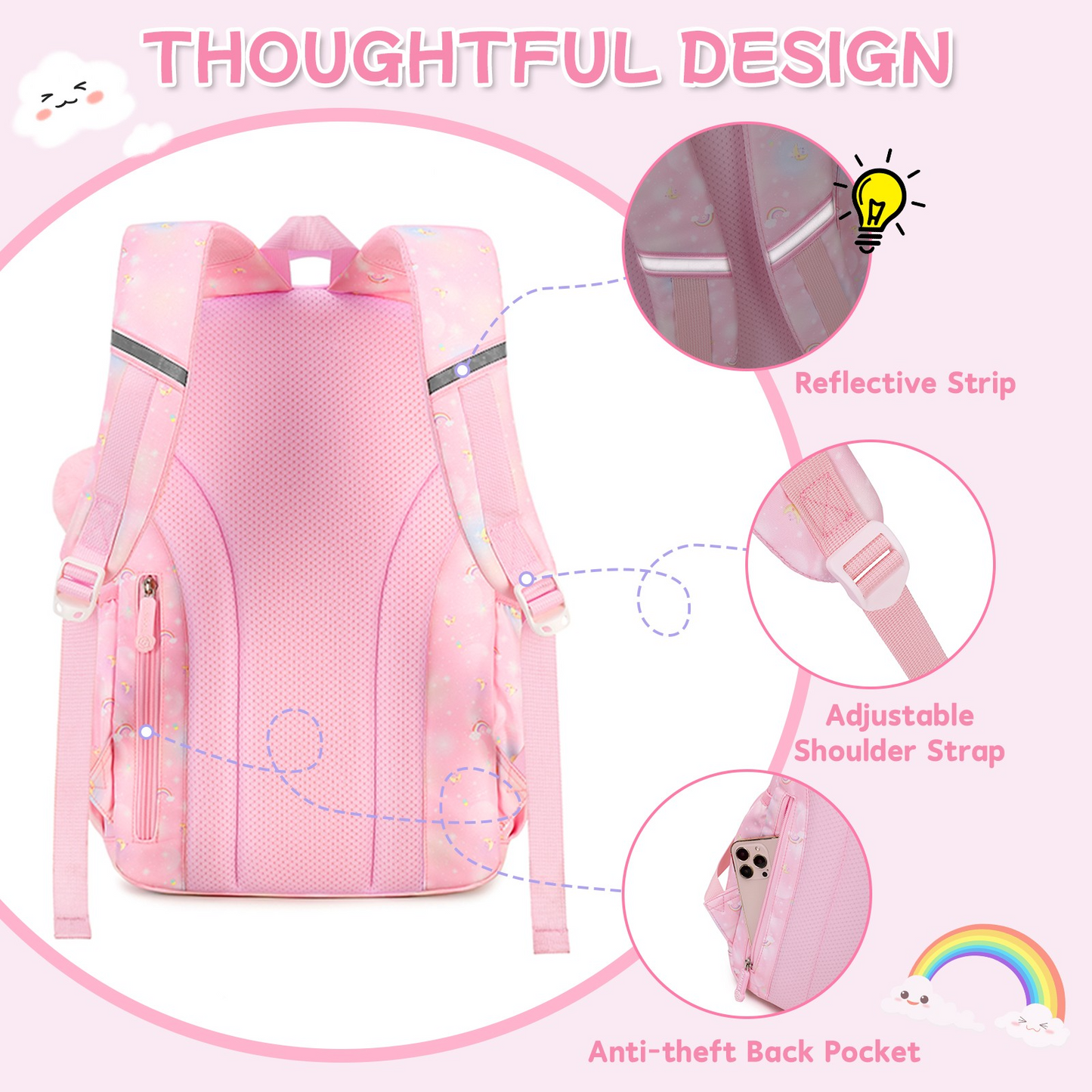 Women'S Two-piece Backpack Set With Simple Modern Design, Cute Pattern Design, Reflective Strips, Multi-pocket Design, Large Capacity, Adjustable Shoulder Straps, Suitable For Commuting And Going To School