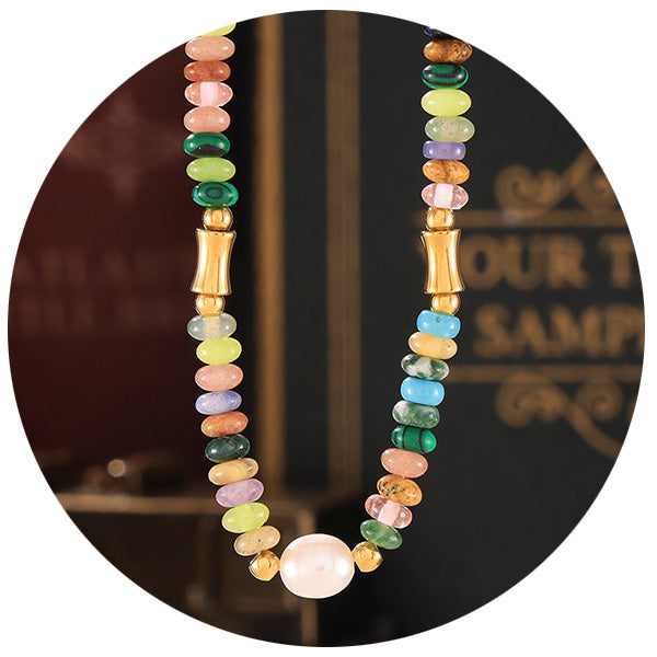 Bohemian Style Dopamine Freshwater Pearl & Natural Stone Beaded Necklace Summer Jewelry for Women,