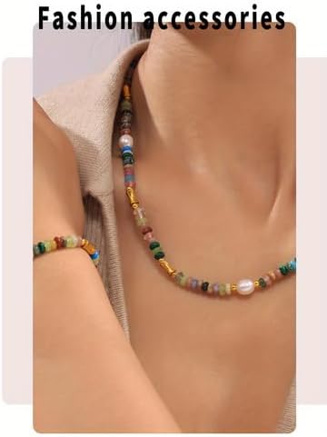 Bohemian Style Dopamine Freshwater Pearl & Natural Stone Beaded Necklace Summer Jewelry for Women,