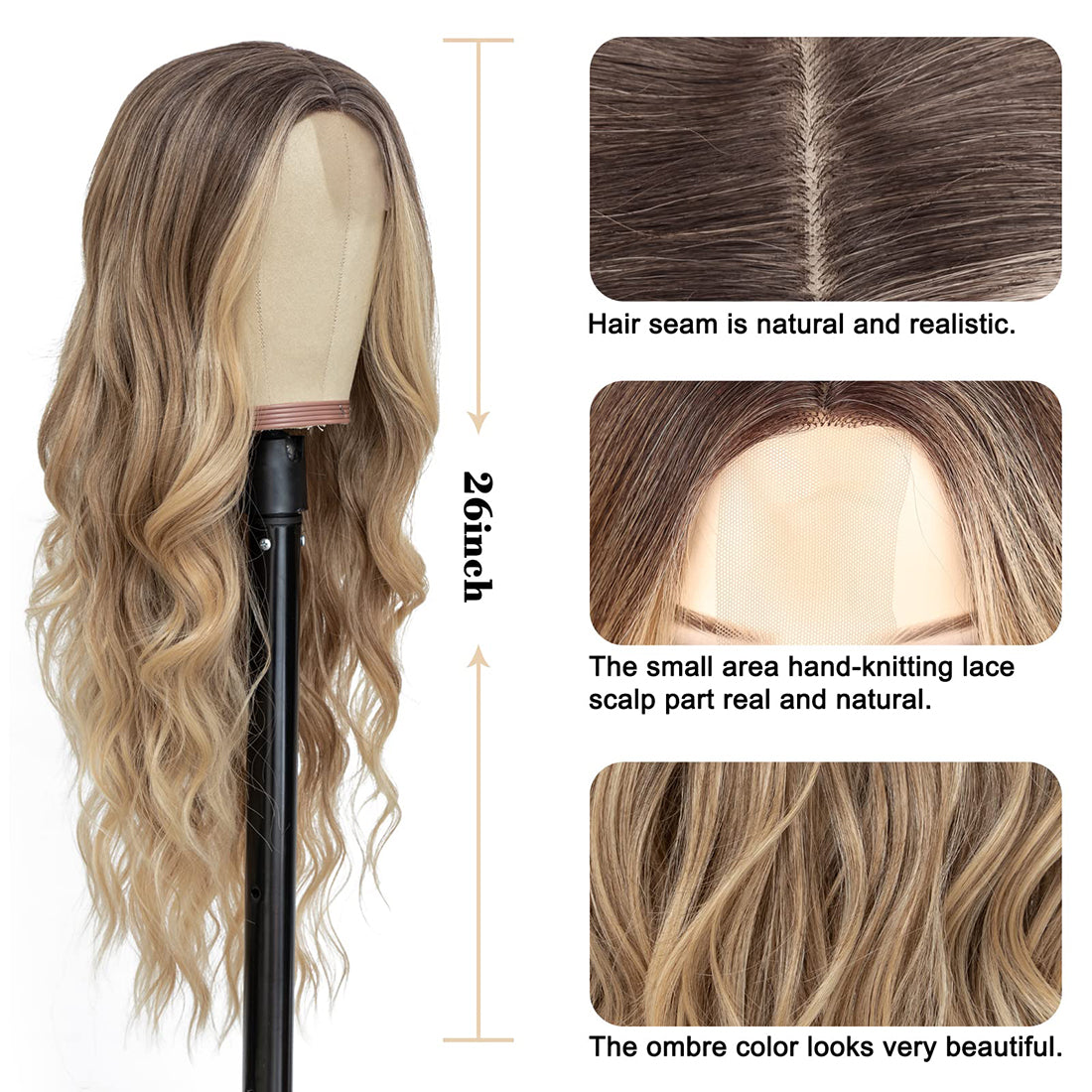 Long Ombre Blonde Wavy Wig for Women 26 Inch Middle Part Curly Wavy Wig Natural Looking Synthetic Heat Resistant Fiber Wig for Daily Party Use