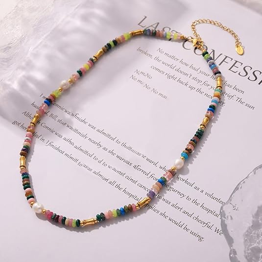 Bohemian Style Dopamine Freshwater Pearl & Natural Stone Beaded Necklace Summer Jewelry for Women,