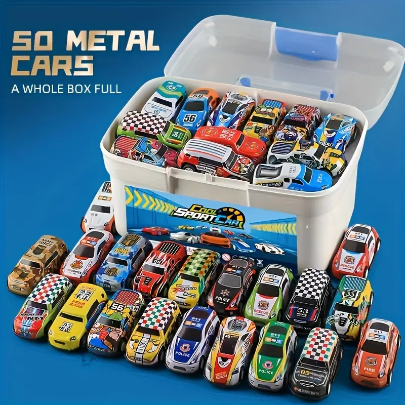 50 p cs Rebound Function Toy Car Set with Storage Box And Fold Able Map -Suitable for Children Aged 3-6 Years Old