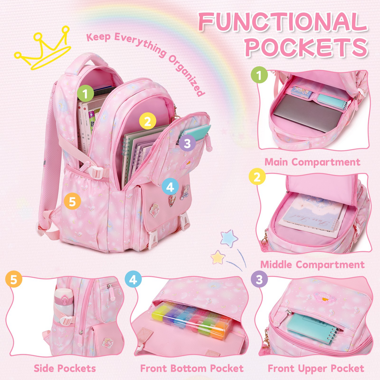 Women'S Two-piece Backpack Set With Simple Modern Design, Cute Pattern Design, Reflective Strips, Multi-pocket Design, Large Capacity, Adjustable Shoulder Straps, Suitable For Commuting And Going To School