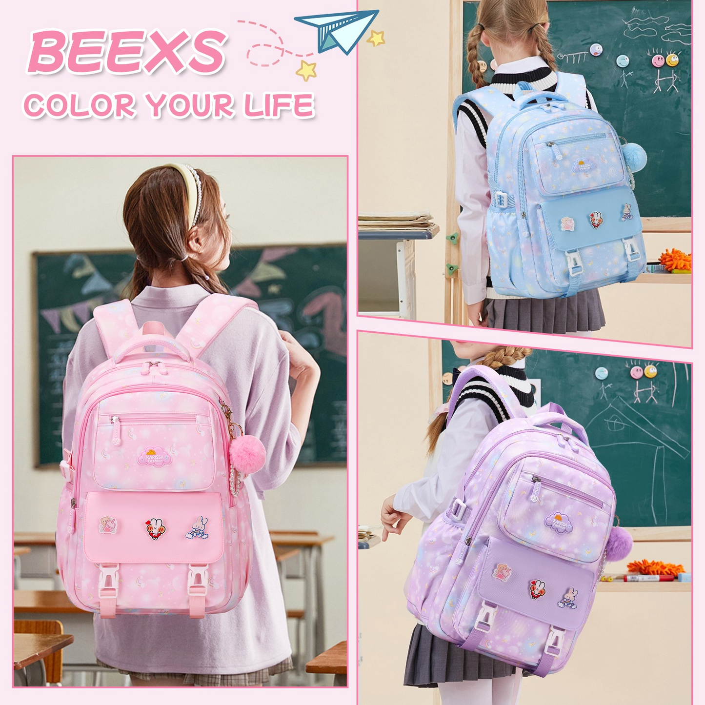 Women'S Two-piece Backpack Set With Simple Modern Design, Cute Pattern Design, Reflective Strips, Multi-pocket Design, Large Capacity, Adjustable Shoulder Straps, Suitable For Commuting And Going To School