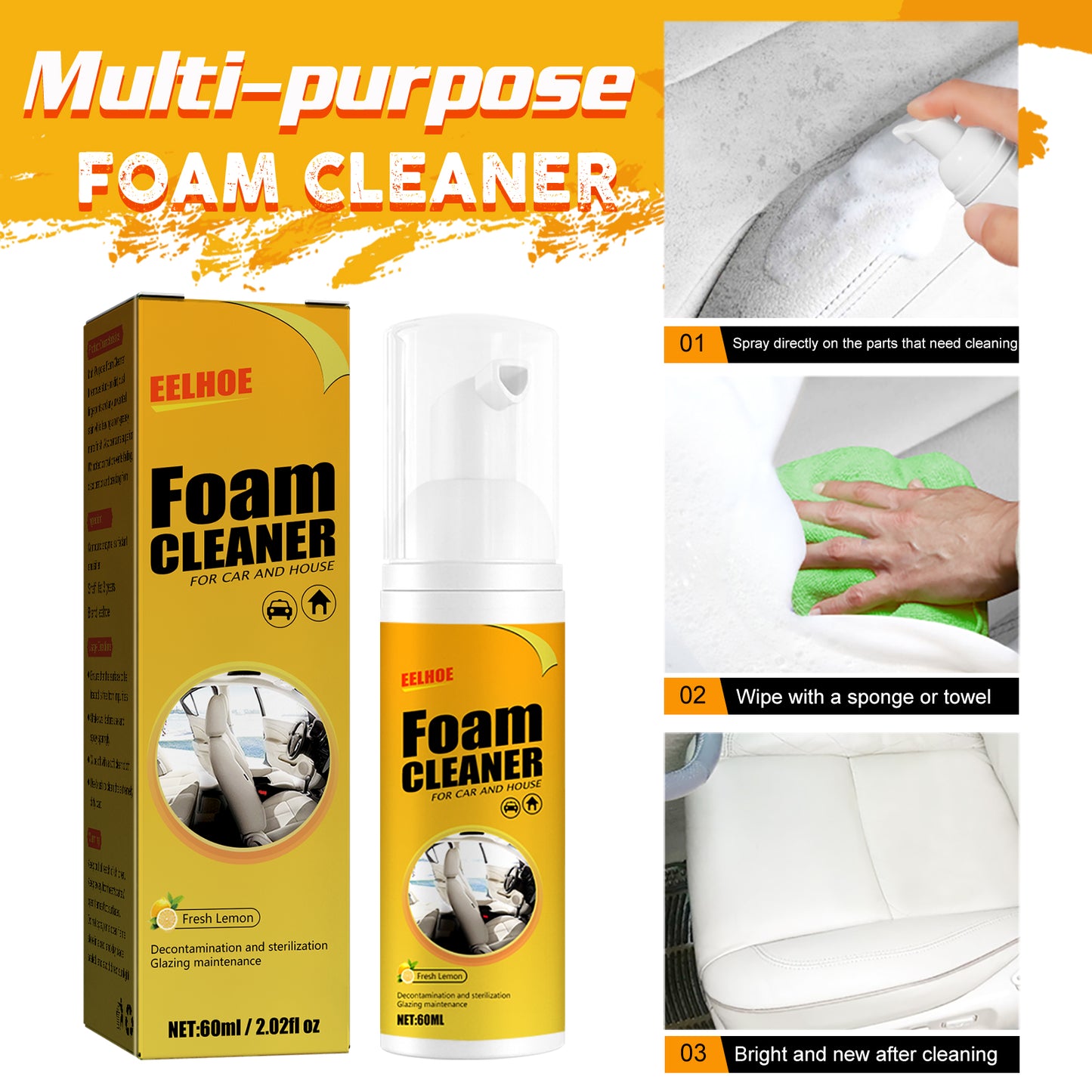 Homonth Car steering wheel foam cleaner, multifunctional interior cleaner for leather seats and stain removal