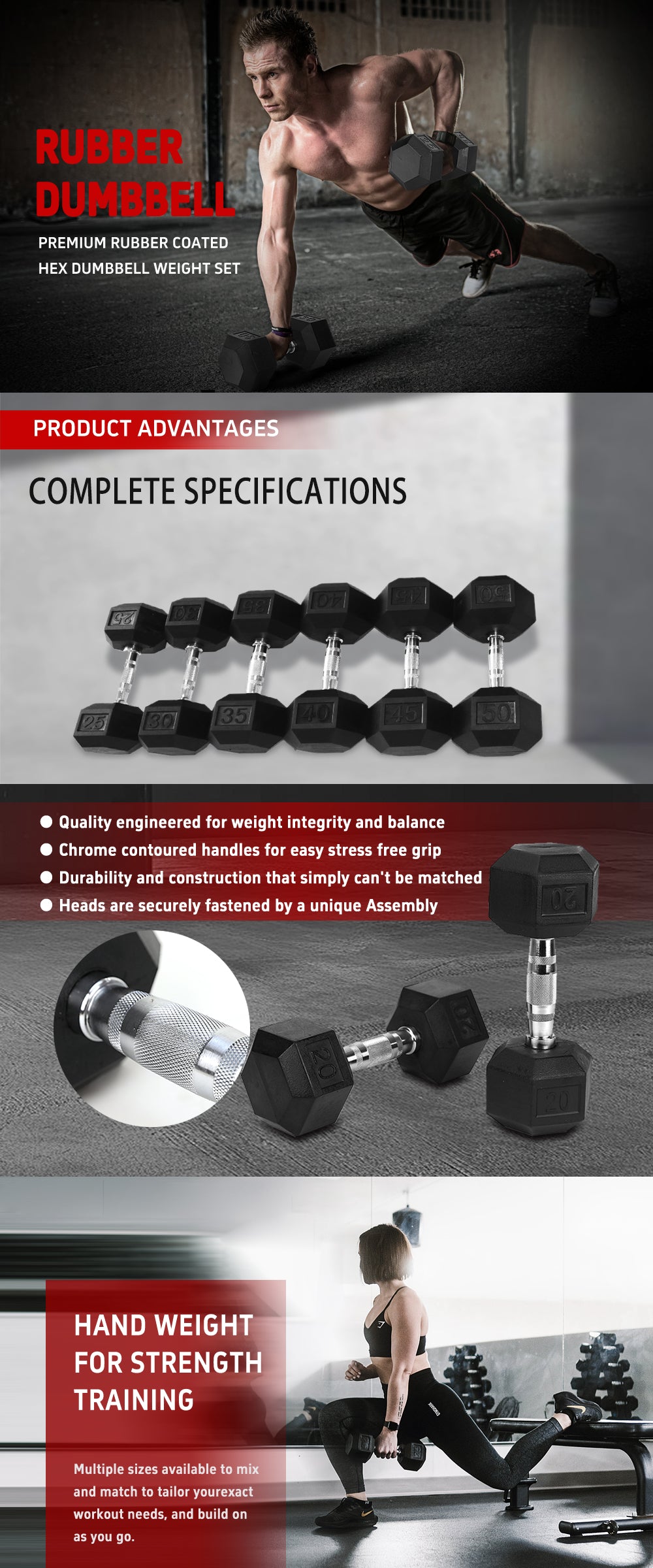 25LB×1piece HDRS Rubber Coated Solid Cast Iron Dumbbell with Contoured Chrome Handle, Hexagon Head