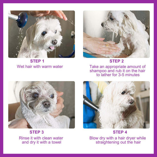 Pet shampoo that soothes skin itching, leaves fur soft and tangle-free