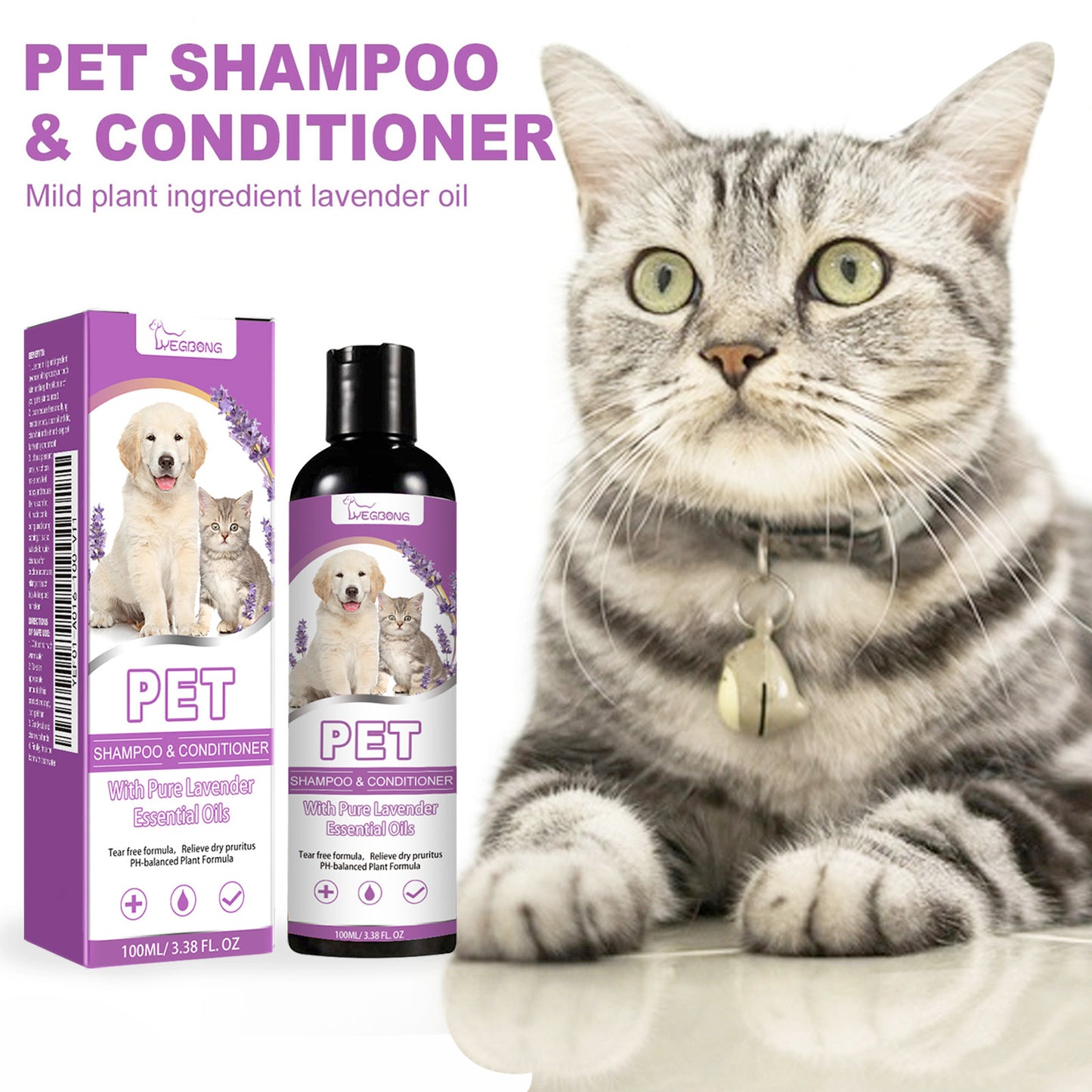 Pet shampoo that soothes skin itching, leaves fur soft and tangle-free
