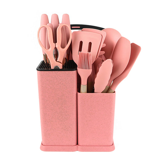 19 Piece Quality Silicone Kitchen Utensils Set with Wooden Handle & Knives - Heat-Resistant, Non-Stick Cooking Tools & Storage Bucket - Perfect Kitchen Gadgets for Easy Cooking and Cleaning