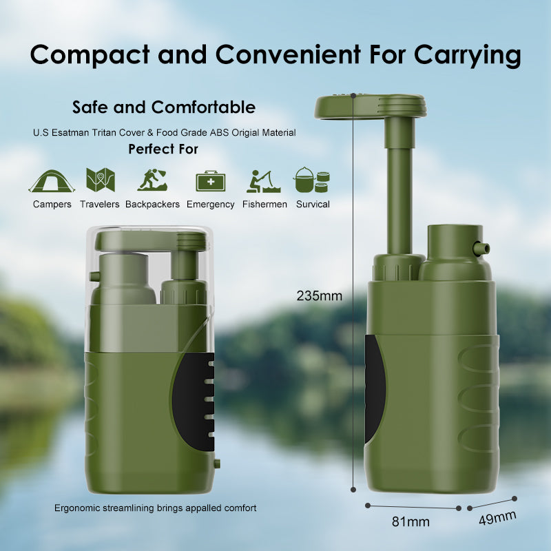 Water Purifier Pump with Replaceable Carbon 0.01 Micron Water Filter, Portable Outdoor Emergency and Survival Gear - Camping, Hiking, Backpacking