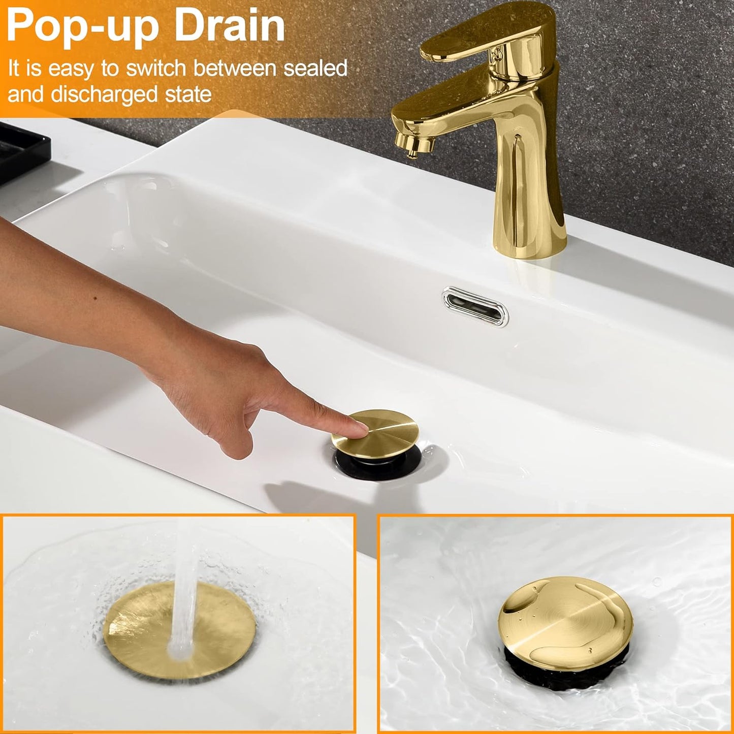 1pc,Sink Drain Without Overflow, Plastic Bathroom Pop up Sink Drain Fit for 1 3/4 Inch Vessel Sink, Built-in Anti Clogging Sink Stopper, Brushed Gold