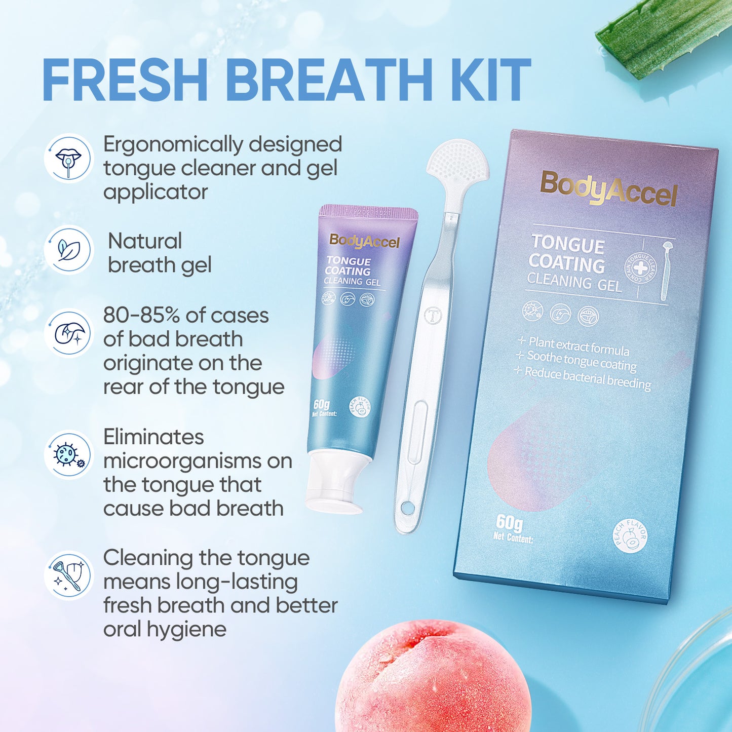 Bodyaccel Tongue cleansing gel-tongue gel+Tongue brush,Tongue coating clean-Fresh breath-Plant extraction formula, no preservatives,Qinshuang Ice peach，three-pack.