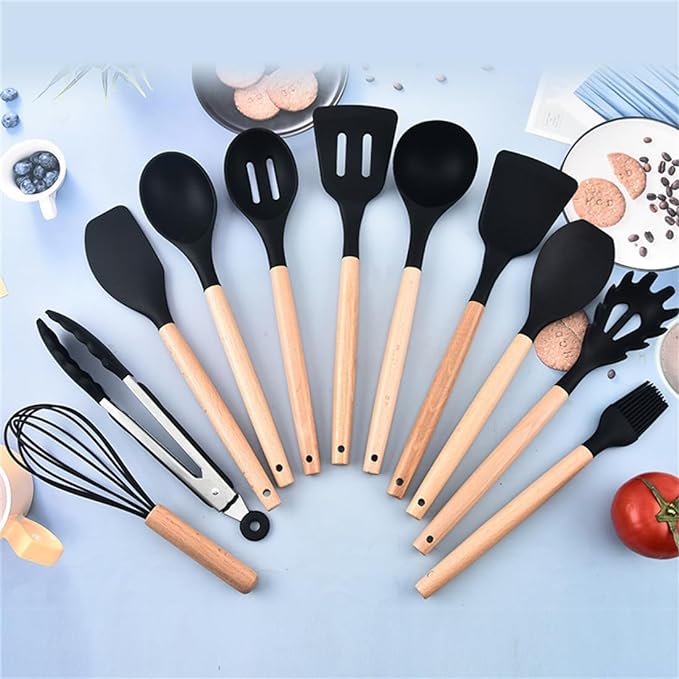 19 Piece Quality Silicone Kitchen Utensils Set with Wooden Handle & Knives - Heat-Resistant, Non-Stick Cooking Tools & Storage Bucket - Perfect Kitchen Gadgets for Easy Cooking and Cleaning