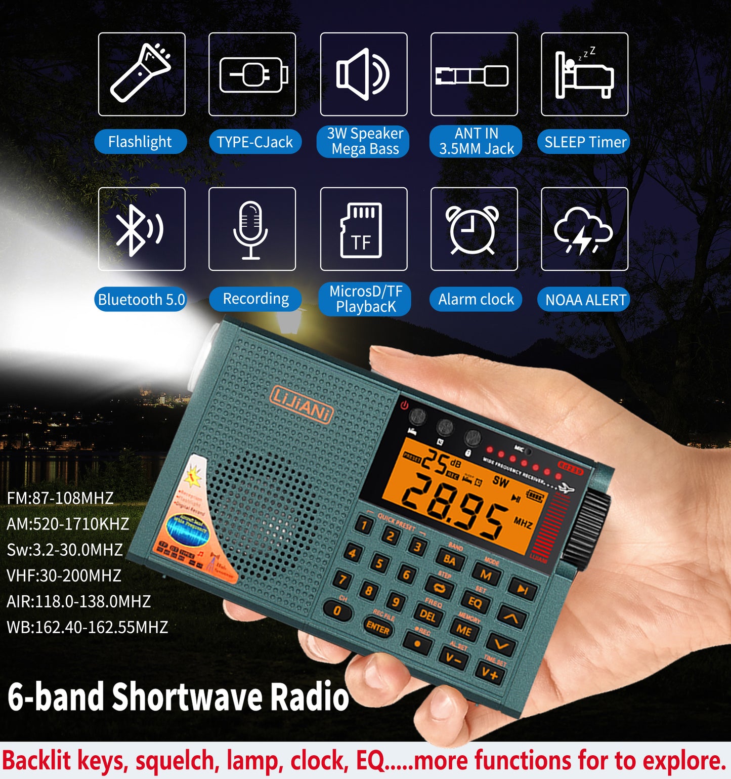 <> RD239 Air Radio VHF/AM/FM/shortwave/Weather Bands Transistor with Bluetooth/TF Card/Flashlight,Key Backlight, Digital Record, Alarm Clock,Sleep Timer,Powered by AA & BL-5C Battery (Green)