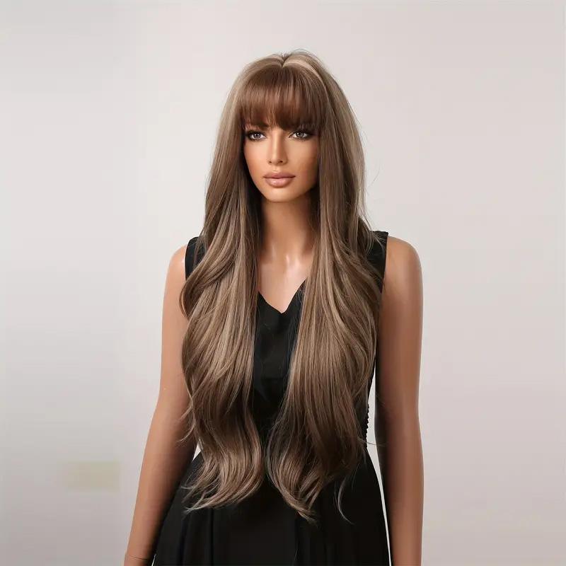 28 Inch Butterfly Haircut Long Wavy Curly brown Hair Wigs With Bangs For Women Synthetic Fiber Hair Replacement Wigs For Daily Party Halloween Use