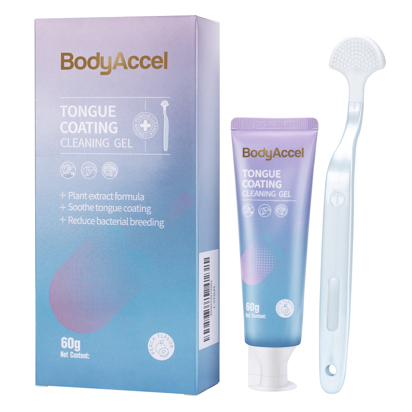 Bodyaccel Tongue cleansing gel-tongue gel+Tongue brush,Tongue coating clean-Fresh breath-Plant extraction formula, no preservatives,Qinshuang Ice peach，three-pack.