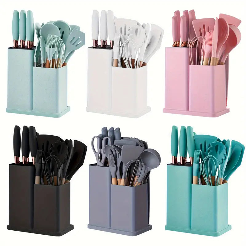 19 Piece Quality Silicone Kitchen Utensils Set with Wooden Handle & Knives - Heat-Resistant, Non-Stick Cooking Tools & Storage Bucket - Perfect Kitchen Gadgets for Easy Cooking and Cleaning