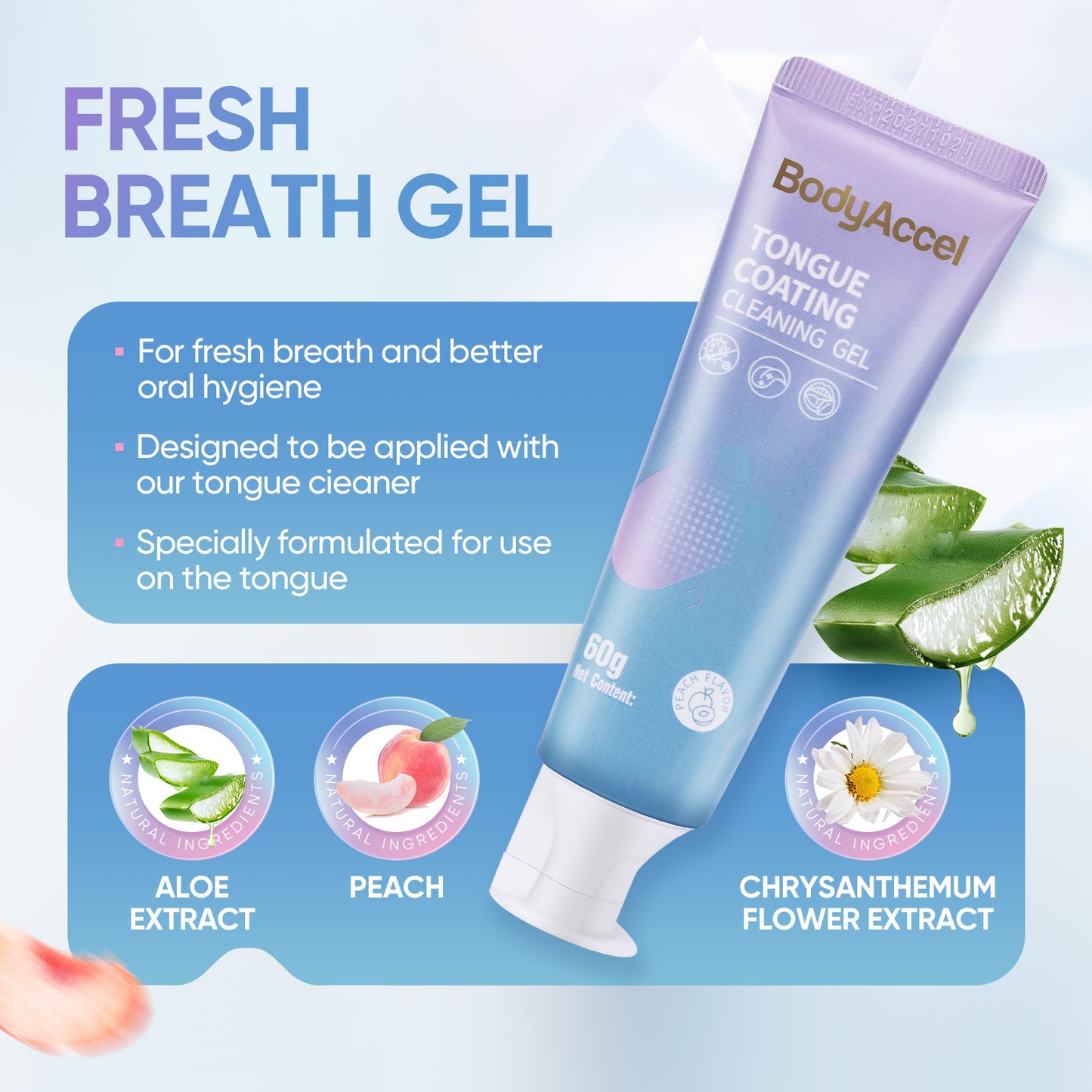 Bodyaccel Tongue cleansing gel-tongue gel+Tongue brush,Tongue coating clean-Fresh breath-Plant extraction formula, no preservatives,Qinshuang Ice peach，three-pack.