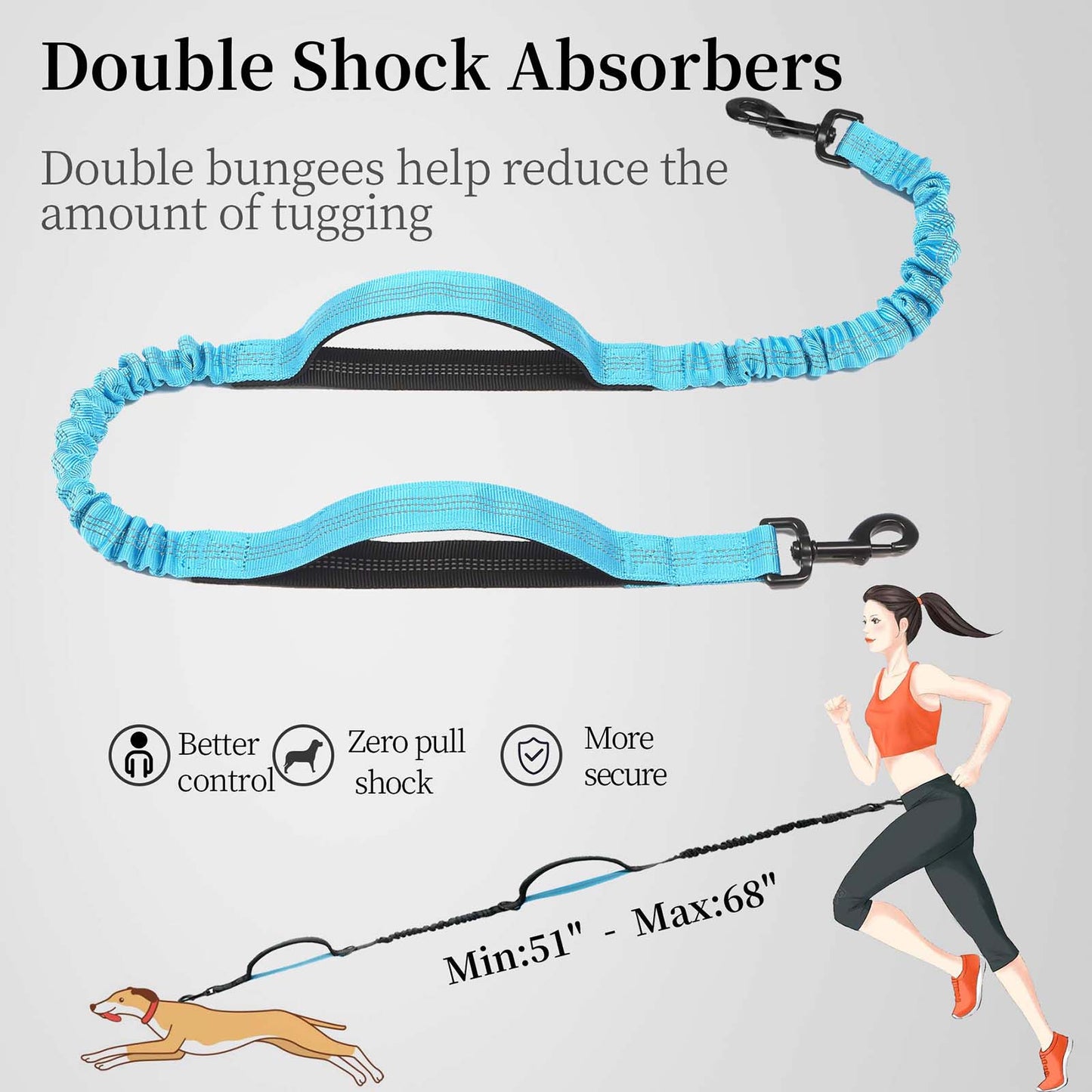 Hands Free Dog Leash with Zipper Pouch, Dual Padded Handles and Durable Bungee for Walking, Jogging and Running Your Dog (Large, 25-120 lbs)