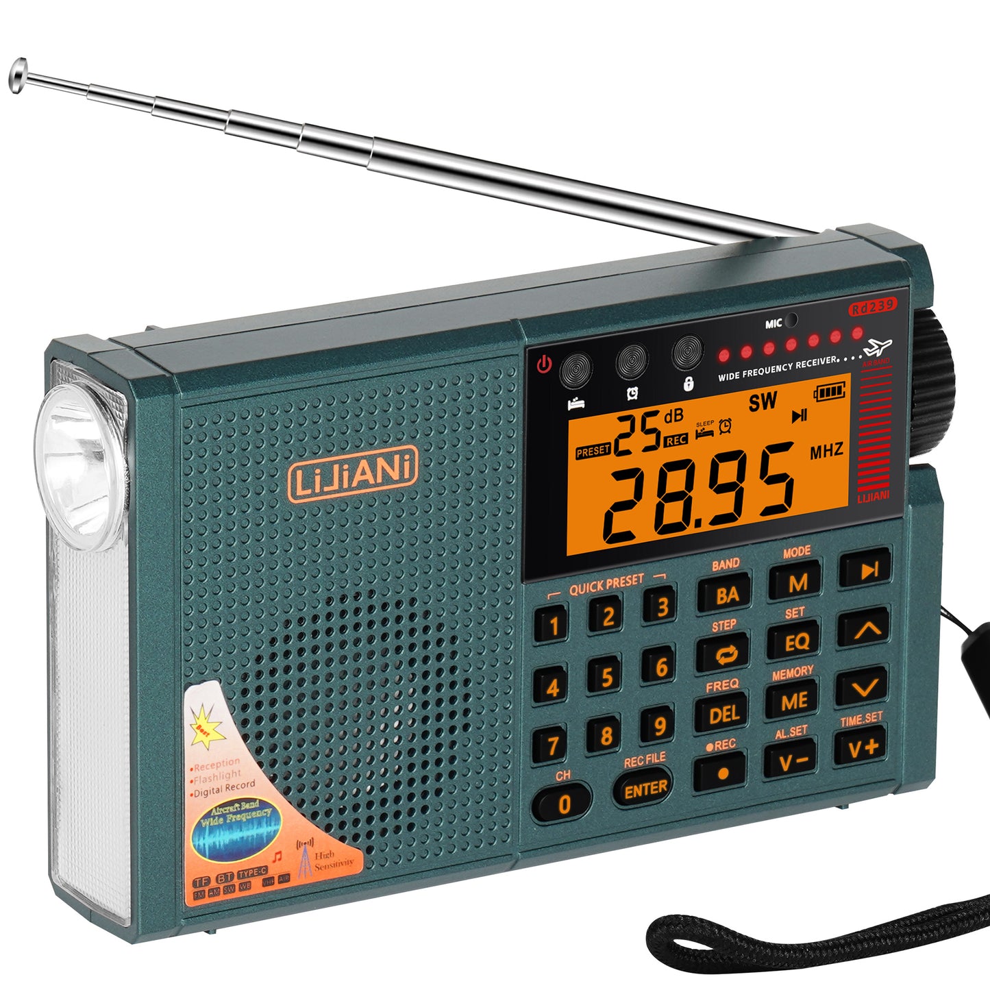 <> RD239 Air Radio VHF/AM/FM/shortwave/Weather Bands Transistor with Bluetooth/TF Card/Flashlight,Key Backlight, Digital Record, Alarm Clock,Sleep Timer,Powered by AA & BL-5C Battery (Green)