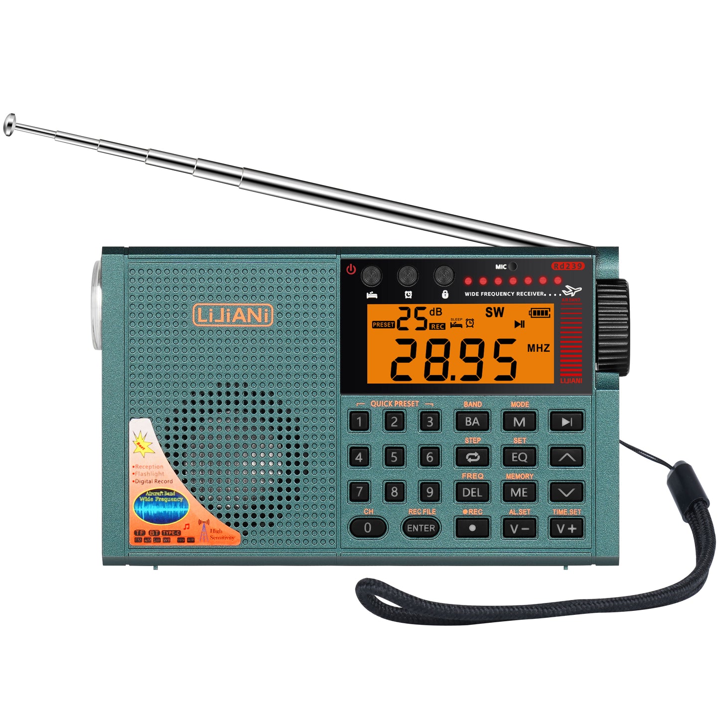 <> RD239 Air Radio VHF/AM/FM/shortwave/Weather Bands Transistor with Bluetooth/TF Card/Flashlight,Key Backlight, Digital Record, Alarm Clock,Sleep Timer,Powered by AA & BL-5C Battery (Green)