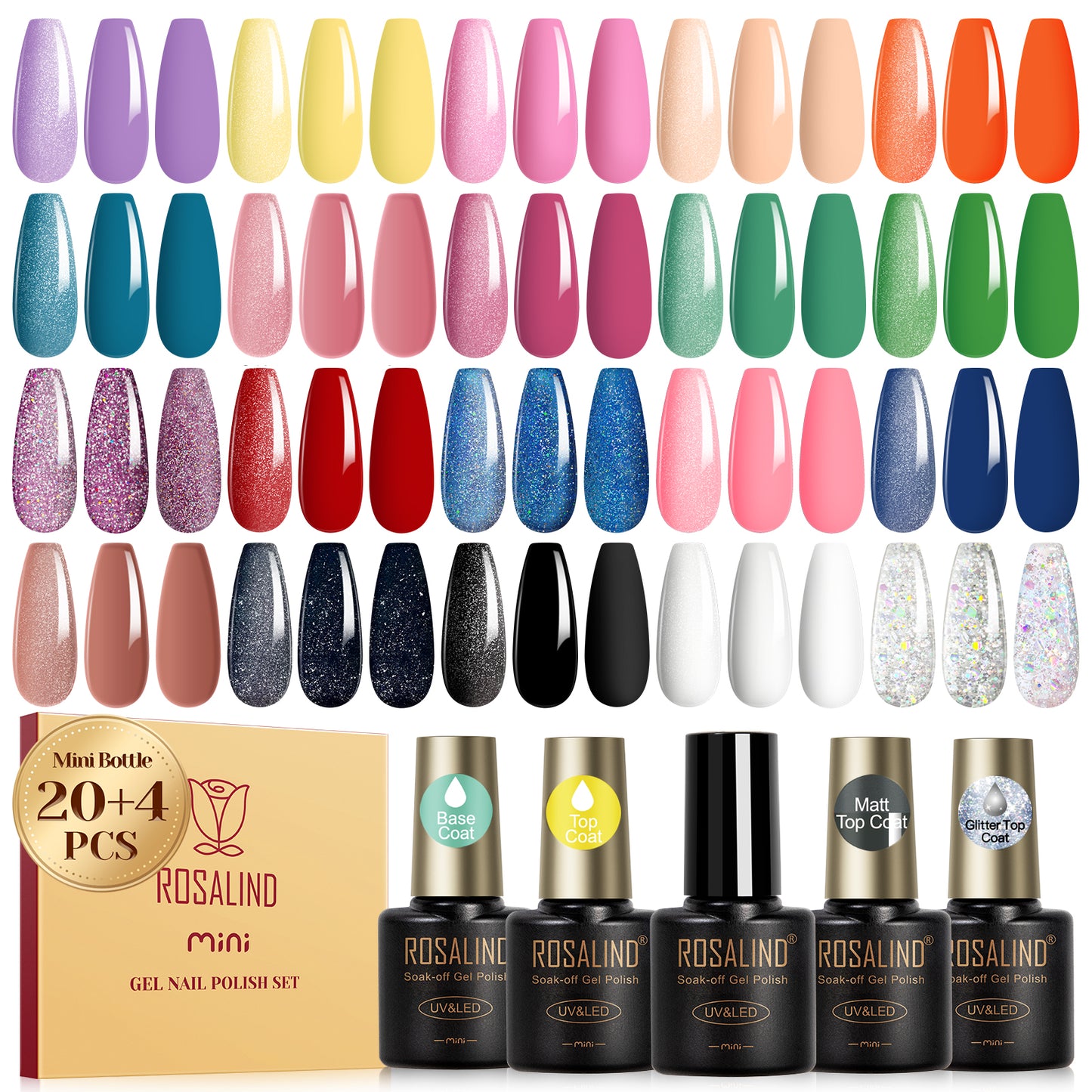 24PCS Gel Nail Polish Set with Glossy Glitter Matte Top Base Coat, 20 Colors Spring Gel Nail Starters Nail Art Manicure at Home