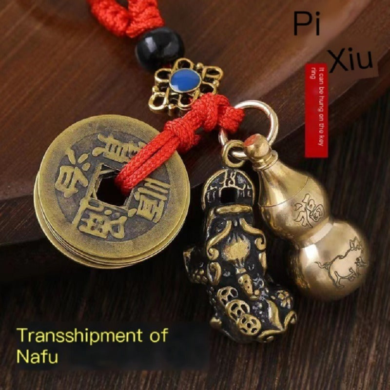 Brass Pixiu Gourd Keychain With Floating Design, Good Luck Charm