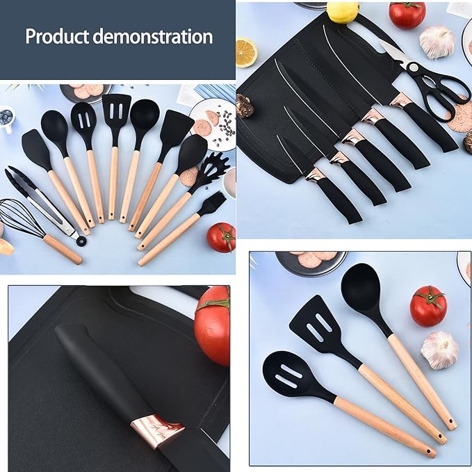 19 Piece Quality Silicone Kitchen Utensils Set with Wooden Handle & Knives - Heat-Resistant, Non-Stick Cooking Tools & Storage Bucket - Perfect Kitchen Gadgets for Easy Cooking and Cleaning