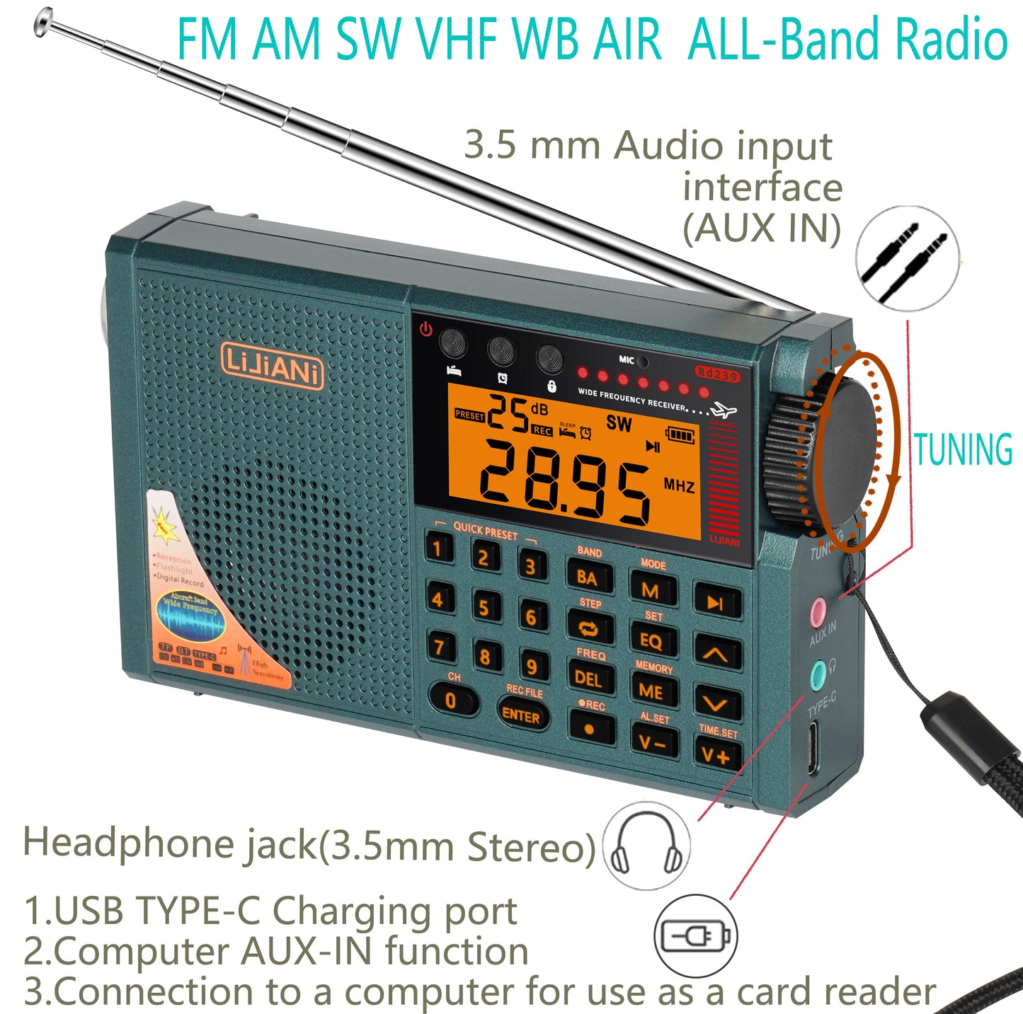 <> RD239 Air Radio VHF/AM/FM/shortwave/Weather Bands Transistor with Bluetooth/TF Card/Flashlight,Key Backlight, Digital Record, Alarm Clock,Sleep Timer,Powered by AA & BL-5C Battery (Green)