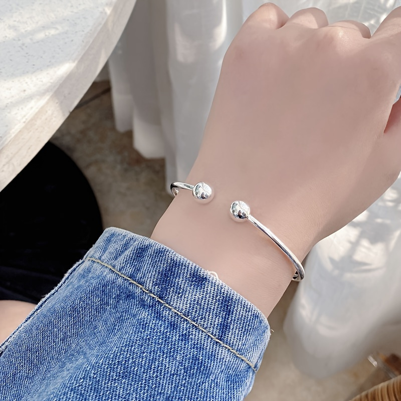 925 Sterling Silvery Bracelet Minimalist Double Ball Bangle Female Ornament