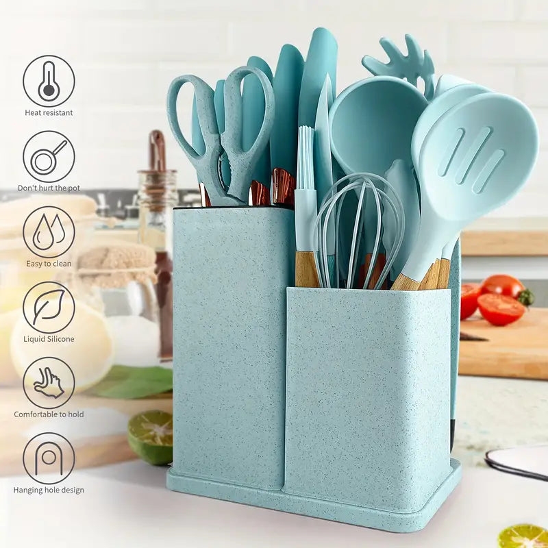 19 Piece Quality Silicone Kitchen Utensils Set with Wooden Handle & Knives - Heat-Resistant, Non-Stick Cooking Tools & Storage Bucket - Perfect Kitchen Gadgets for Easy Cooking and Cleaning